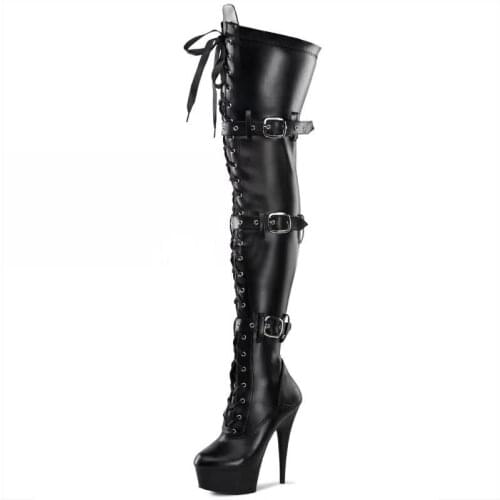 Buckle Decor High Stiletto Heel Boots Patent Leather Over The Knee Boots Platform Lace Up Woman Winter Round Toe Solid Boots