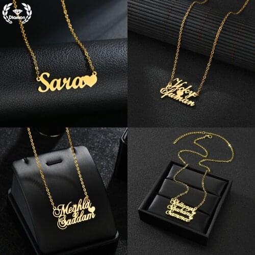 Diamon Personalized Fashion Stainless Steel Necklace Custom 1-3 Names Heart Pendent Letters Gold Jewelry Party Gift For Women