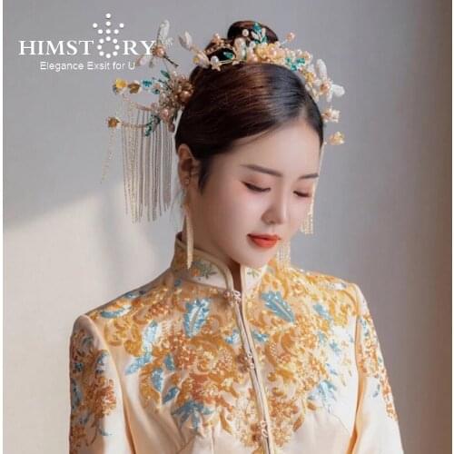 HIMSTORY Tranditonal Wedding Hair Accessories Chinese Bride Handmade Headbands Butterfly Pearl Hair Combs Hairpins Hair Sticks