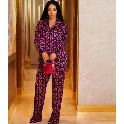 Circle Digital Print Women Two Piece Pant Suit Notched Neck Long Sleeve Blouse Nad Straight Pant Home Clothes Streetwear Suit