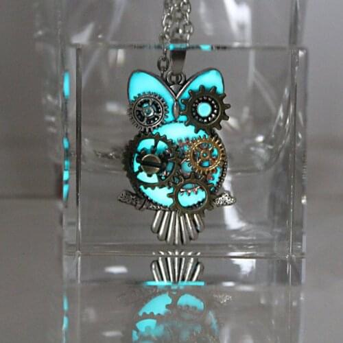 Mechanical gear owl Glowing punk owl Necklace necklace GLOW in the DARK Steampunk Luminous Pendants & Necklaces