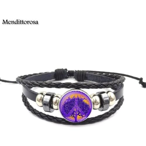 Mendittorosa Jewelry Crystal Black Leather Bracelet Bangles Cabochon Glass Dome Handmade Jewelry Tree of Life