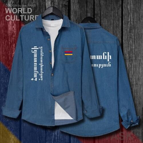 Armenia Armenian ARM AM Men Flags Clothes Autumn Cotton Long Sleeve Cowboy Casual Coat Fashion Turn-down Collar Jeans Shirt Tops