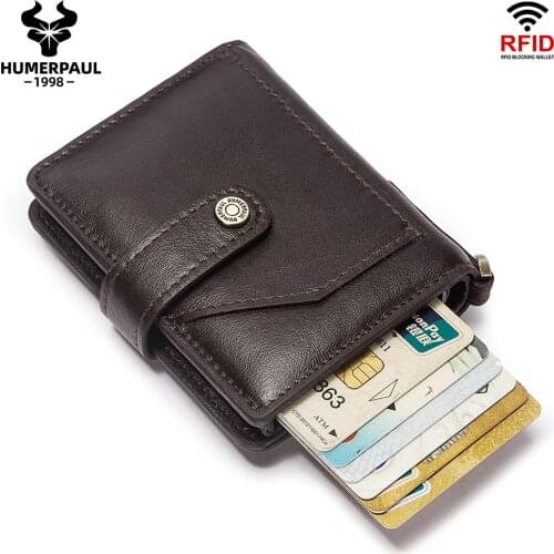 2021 Credit Card Holder Men RFID Blocking Aluminium Box Vintage Cow Leather Pop Up Bank Cardholder Case Chain Portomonee Wallet