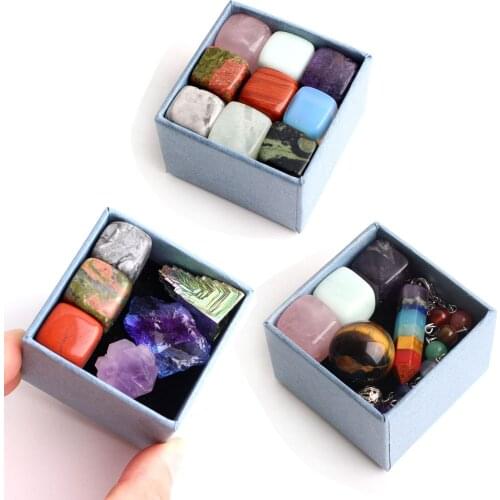 Natural Mixed Cube Stones Set Polished Mini Balls Quartz Heart Pendant Amethyst Minerals Specimen Gift Healing Collection Box