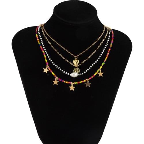 New Korea Lovely Heart Star Charms Colorful Beaded Statement Short Choker Necklace for Women Vacation Clavicle Necklace Jewelry