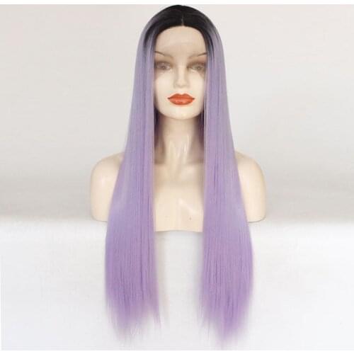Ombre Lilac Purple Lace Front Wig Natural Hairline Long Straight Synthetic Hair Women Girls Cosplay Replacement Wig Middle Part