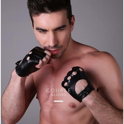 New 2019 Mens Genuine Leather Gloves Driving Sports Unlined Goatskin Half Finger Gloves Fingerless Gym Fitness Gloves