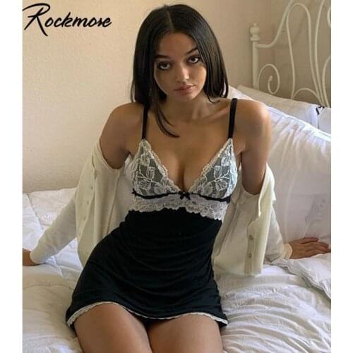 Rockmore Black Sexy Lace Patchwork Sleeveless Womens Dress Spaghetti Straps Butterfly Knot Bodycon Mini Party Dresses Summer