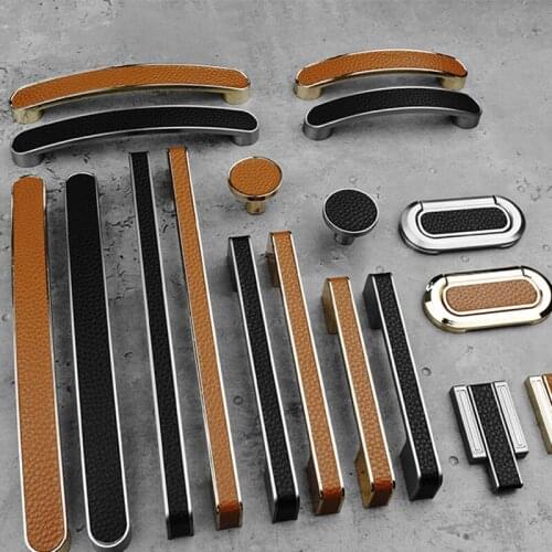 Zinc Alloy Room Furniture Handle Black Imitation Leather Wardrobe Drawer Knob Brown Gold Wine Cabinet Door Handle Textured