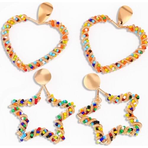 FLOLA Handmade Big Star Beaded Earrings For Women Boho Multicolor Heart Beads Drop Earrings Dangle Bohemian Jewelry Gifts ersv42