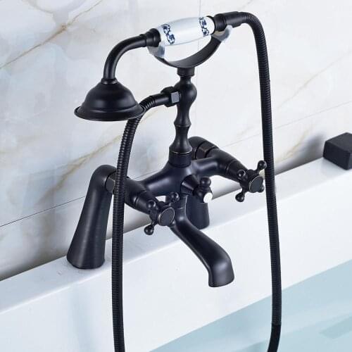 Bathtub Faucets Oil Rubbed Bronze Deck Mount Bathroom Shower Mixer Tap Dual Handles Swivel Tub Spout With Hand Shower Head
