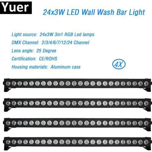 4Pcs/Lot 24x3W Led Wall Washer Light RGB Led Bar Lights Aluminum case DMX512 2/4/6/7/12/24 channels Led DJ Disco Stage Light