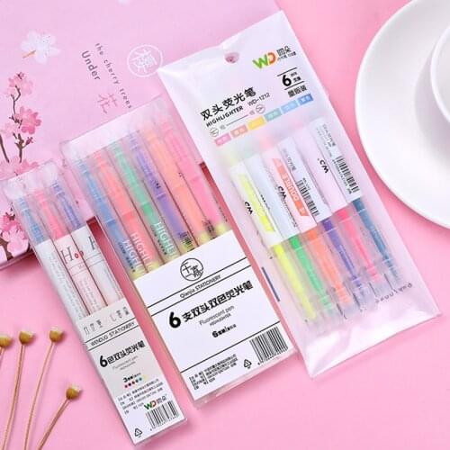 Creative Double-headed Two-color Highlighter Pens 6Packs for Students Draw Key Sentence Markers Color Oblique Tip Graffiti
