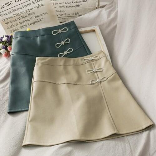 Autumn Women Skirt Street PU Leather Joker Bowknot Slim Skirt Mini Skirt Urban Ladies Sexy Above Knee A-line Short Skirt