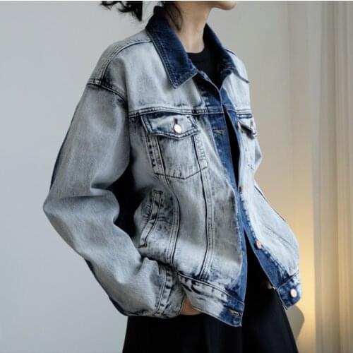 Autumn Ladies Casual Jacket Washed Contrast Color Loose and Thin Long-sleeved Stitching Color Denim Coat Woman Clothing WP39