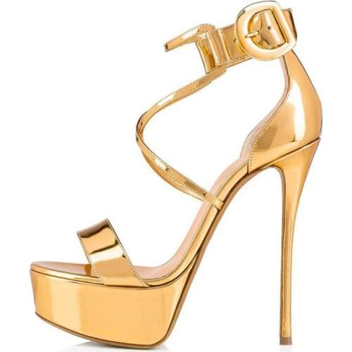 New Arrivals Gold Leather High Platform Women Sandals Cut-out Ankle Strap Buckle Ladies Shoes with Heels Plus Size Wedding Shoes