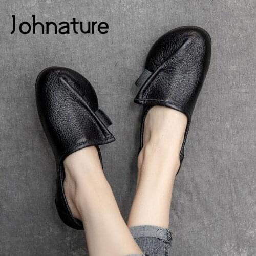 Johnature Genuine Leather Flats Women Shoes 2021 New Spring/Autumn Round Toe Shallow Retro Handmade Concise Leisure Ladies Shoes