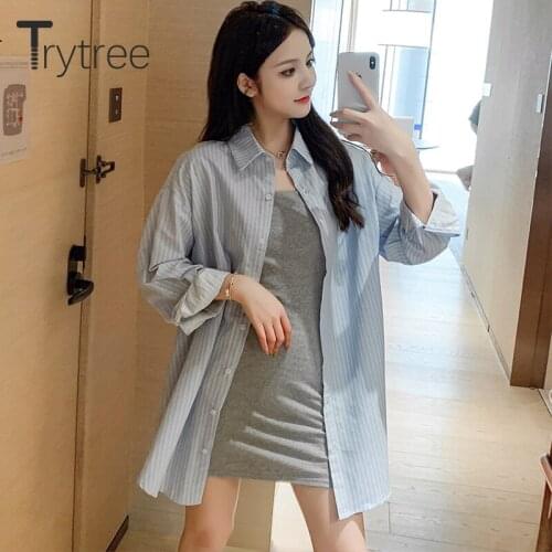 Trytree 2020 Autumn Women Two piece set Casual Striped Single Breasted Long Blouse + Mini Dress Comfortable Suit 2 Piece Set