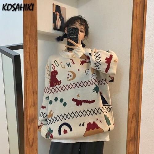 KOSAHIKI Kawaii Sweaters Women Student Cartoon Dinosaur Knitted Sweet Cute Ulzzang Jumper Fashion All-match Autumn Pullovers