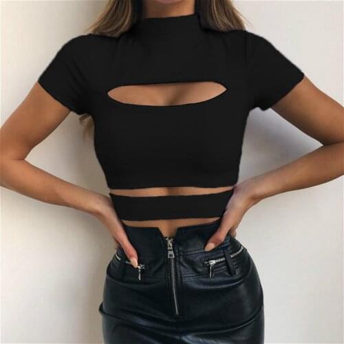 2020 Summer Crop Top Women Solid Black Green Tops Hollow Out Women Clothing Women T-shirt Casual Tee Tops Ladies Shirts