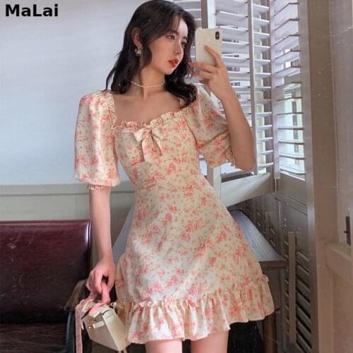 Bow Design Vintage Midi Dresses Women Casual Short Sleeve Elegant Floral Dresses Korean Summer 2021 Kawaii Beach One Piece Dress
