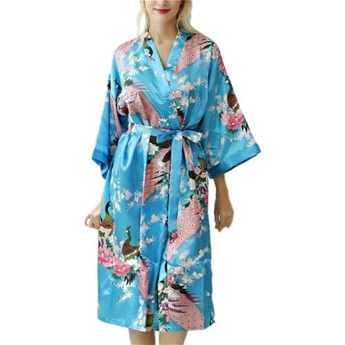 10 Color Sexy Womens Pajamas Peacock Night Gown Home Service Long Thin Bathrobe Soft Cozy 3/4 Sleeved Loose Femal Bath Gown