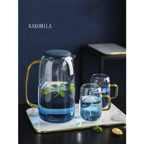 1500ML New Gradient Color Cold Water Glass Bottle Set With Cover Gold Handle Cold Water Kettle Glass Water Cup Home Drinkware