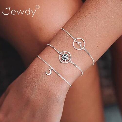 3 Pcs/ Set Creative Compass Mountain Peak Moon Gem Chain Pendant Multilayer Bracelet Set Female Personality Punk Jewelry