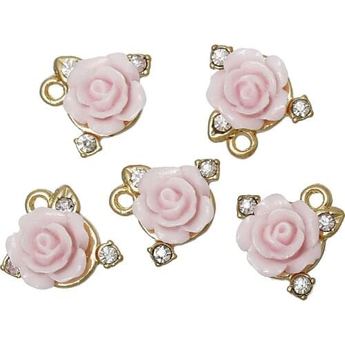 8Seasons Zinc Metal Alloy Charms Rose Flower Gold Color Pink Resin Rhinestone DIY Making Fashion Jewelry Gifts 15mmx 13mm, 10PCs