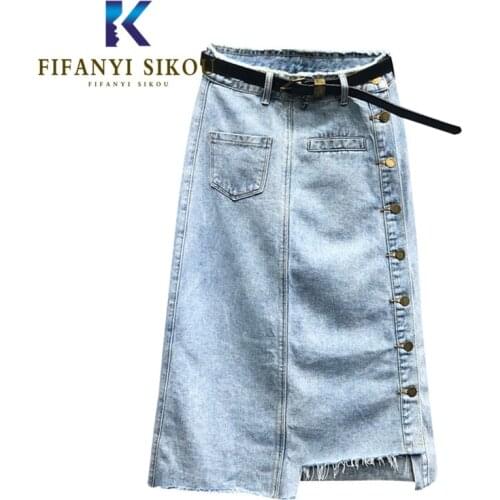 High waist Denim Skirt Women Single Breasted Pocket Loose Plus Size Midi Long Skirt Female Casual A-Line Jeans Skirts With Belt