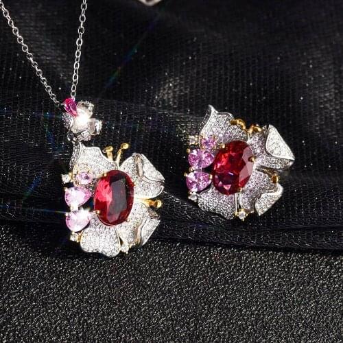 Vintage Female Red Crystal Jewelry Set Charm Silver Color Engagement Ring For Women Luxury Flower Zircon Wedding Chain Necklace