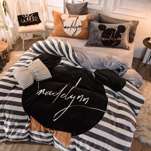 New Fleece Bedding Set 4pcs/Set Stripe Duvet Cover Flat Sheet Pillowcase AB side Flannel Winter Warm Bed Linen King 200x230cm