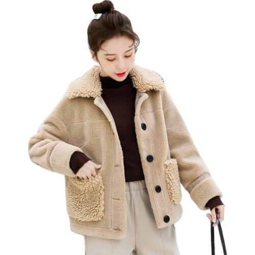 2020 autumn winter fashion Korean lambskin jacket female short fur oneness Granules sheep shearing short parka overcoat Women
