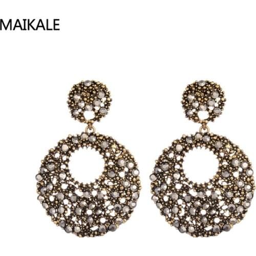 MAIKALE Round Vintage Earrings Metal Stud Earrings Big Exaggerated White Black Rhinestone Long Earrings For Women Friend Gifts