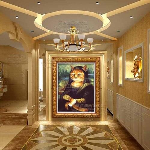 Animal Cat 100% Hand Painted Abstract Hand-painted Mural Paintings Mona Lisa Cat Furnishing Restaurant Oil Painting In Canvas
