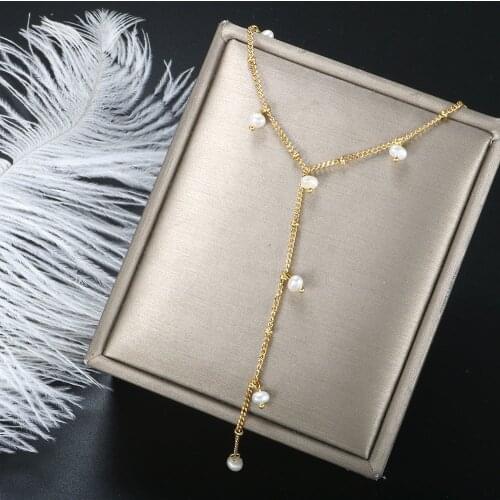 ZMFashion Freshwater Beads Women Men Necklace Simple Clavicle Choker Y-shaped Tassel Stainless Steel Long Pendant Chains Jewelry