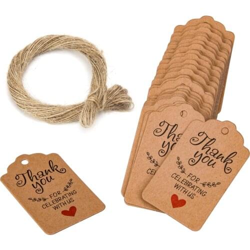 100Pcs 2 *1.2 Inch Thank You For Celebrating With US Cards Kraft Paper Hang Tag Labels Party Favors Gift Wedding Birthday