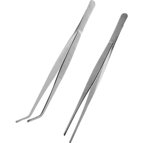 2pcs Stainless Steel Straight and Curved Nippers Tweezers Feeding Tongs for Reptile Snakes Lizards Spider (Silver)