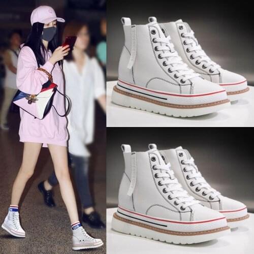 2020 Autumn New Cowhide Leather Boots Girls Increased White Shoes Womens Comfortable Shoes