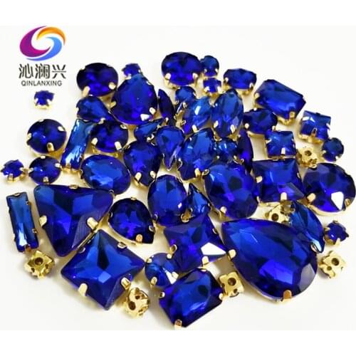 58pcs/pack Super flash 3D Royalblue mix shape top crystal glass sew on stones,gold base claw rhinestone diy/jewelry accessories