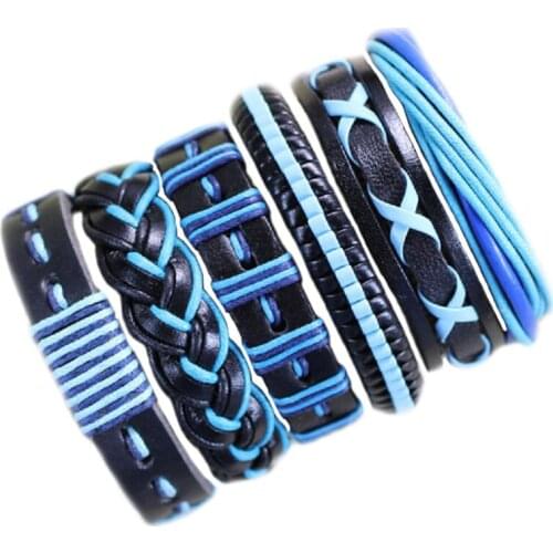 Handmade Wholesale Blue Bangles 6pcs/set Handmade Ulseira Feminina Wrap Braid Leather Bracelets For Men&Women-S69