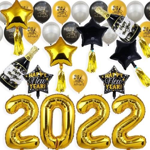 Amawill 2021 New Year Balloons Kit 32Inch Number Foil Balloon Star Champagne Foil Tassels For New Year Christmas Decoration