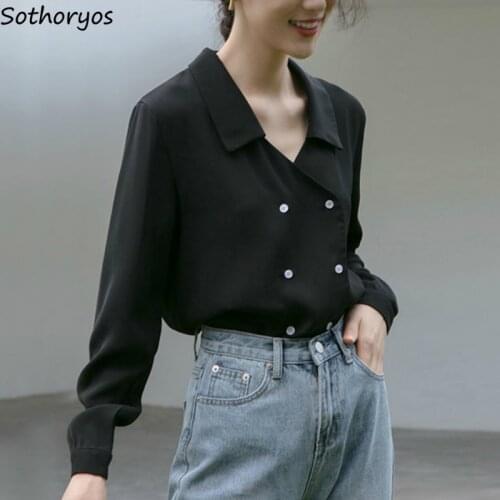 Blouses Women Turn-down Collar French Office Ladies Loose Plus Size 3XL Female Tops Double Breasted Basic Simple Stylish Casual