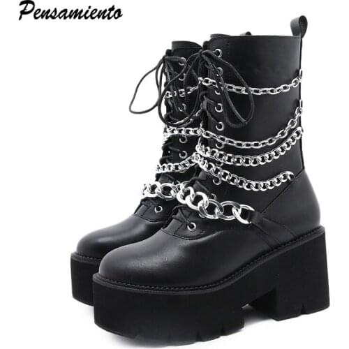 Brand Metal Chains Women Motorcycle Boots Fashion Platform Wedge Leather Chunky Shoes Autumn Winter Punk Goth Warm Ankle Boots