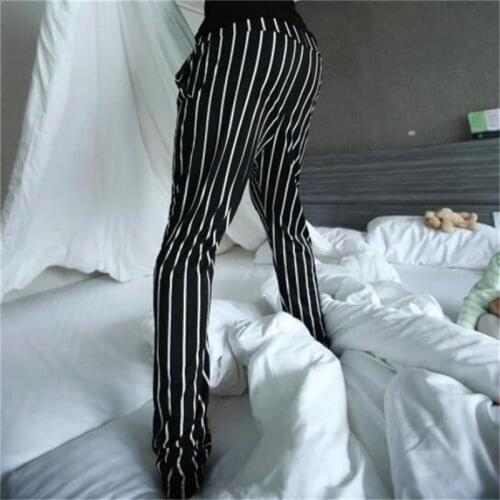 2021 mens new striped thin lace up comfortable air conditioning pants home pants loose casual straight pants in summer