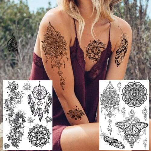 Black Dreamcatcher Temporary Tattoos For Women Sexy Fake Jewelry Chains Tatoo Realistic Mandala Flower Feather Tatoos For Show