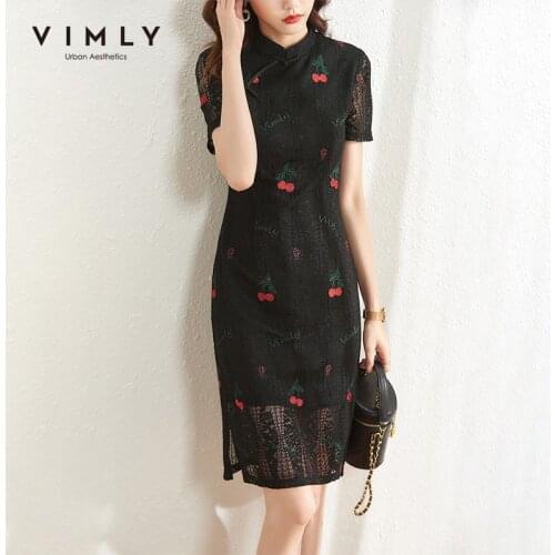 VIMLY Cheongsam For Women Summer Chinese Style Embroidery Dresses Elegant Floral Dress Womens A Line Long Dress Vestidos F7828