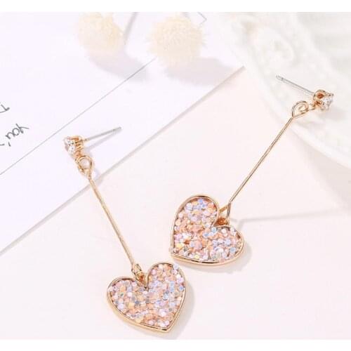 Long Earrings Korea Popular Earrings Sweet Glittering Zircon Pink Earrings For Women Heart-shaped Simple Personality Wholesale
