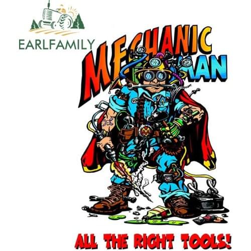 EARLFAMILY 13cm x 9.1cm Mechanic Man Decal Retro Cartoon Sticker Tool Box Decals Vintage Creative Car Stickers